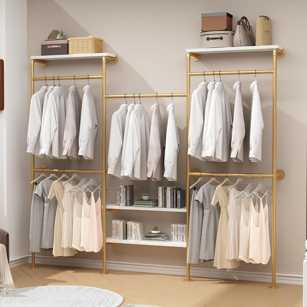 HOMEKAYT Industrial Pipe Clothes Rack with Shelves, Gold Clothing Rack Wall M...