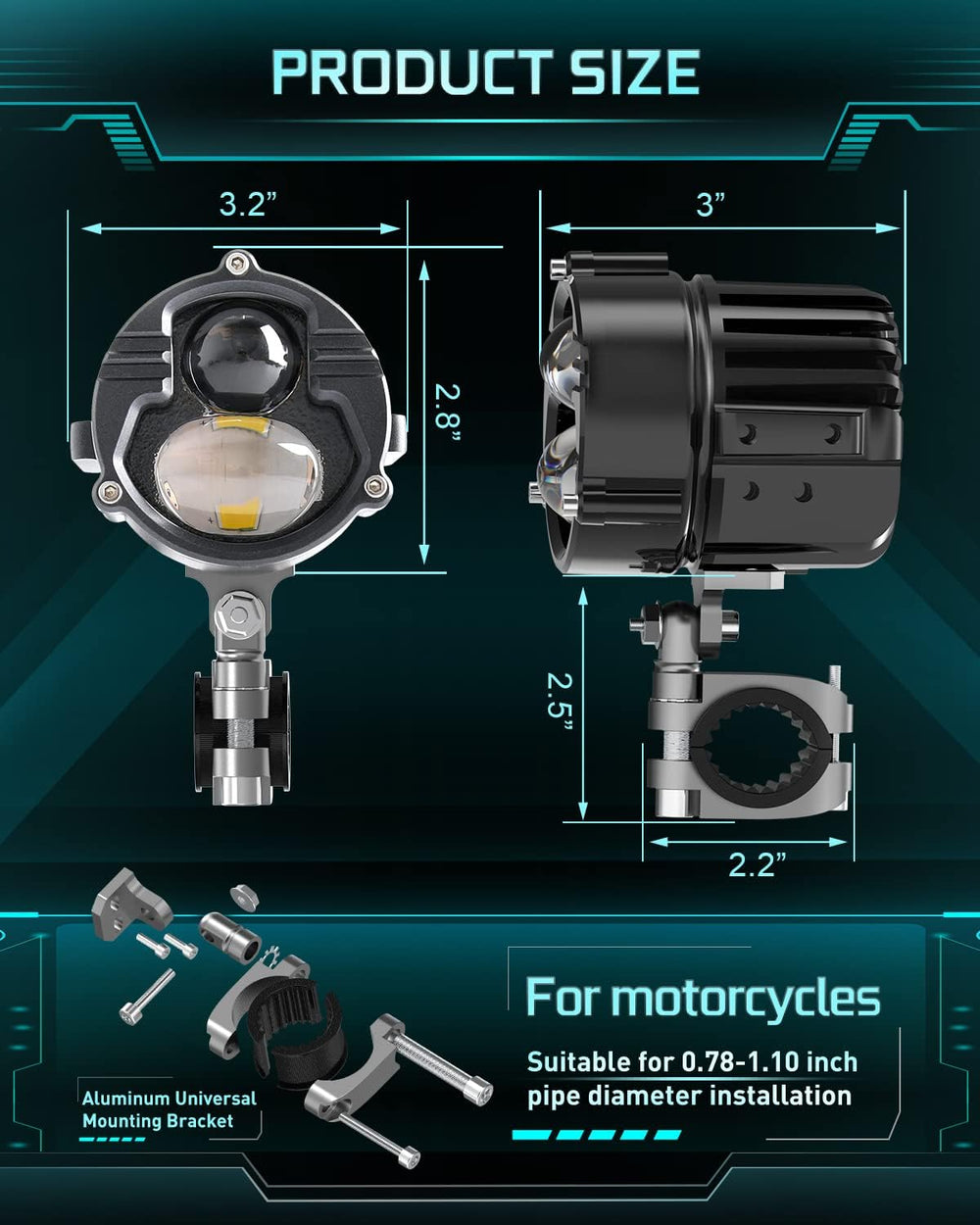 100W Motorcycle Fog Lights 3,0000 LM Amber White Strobe Pod - 5 Modes Offroad...