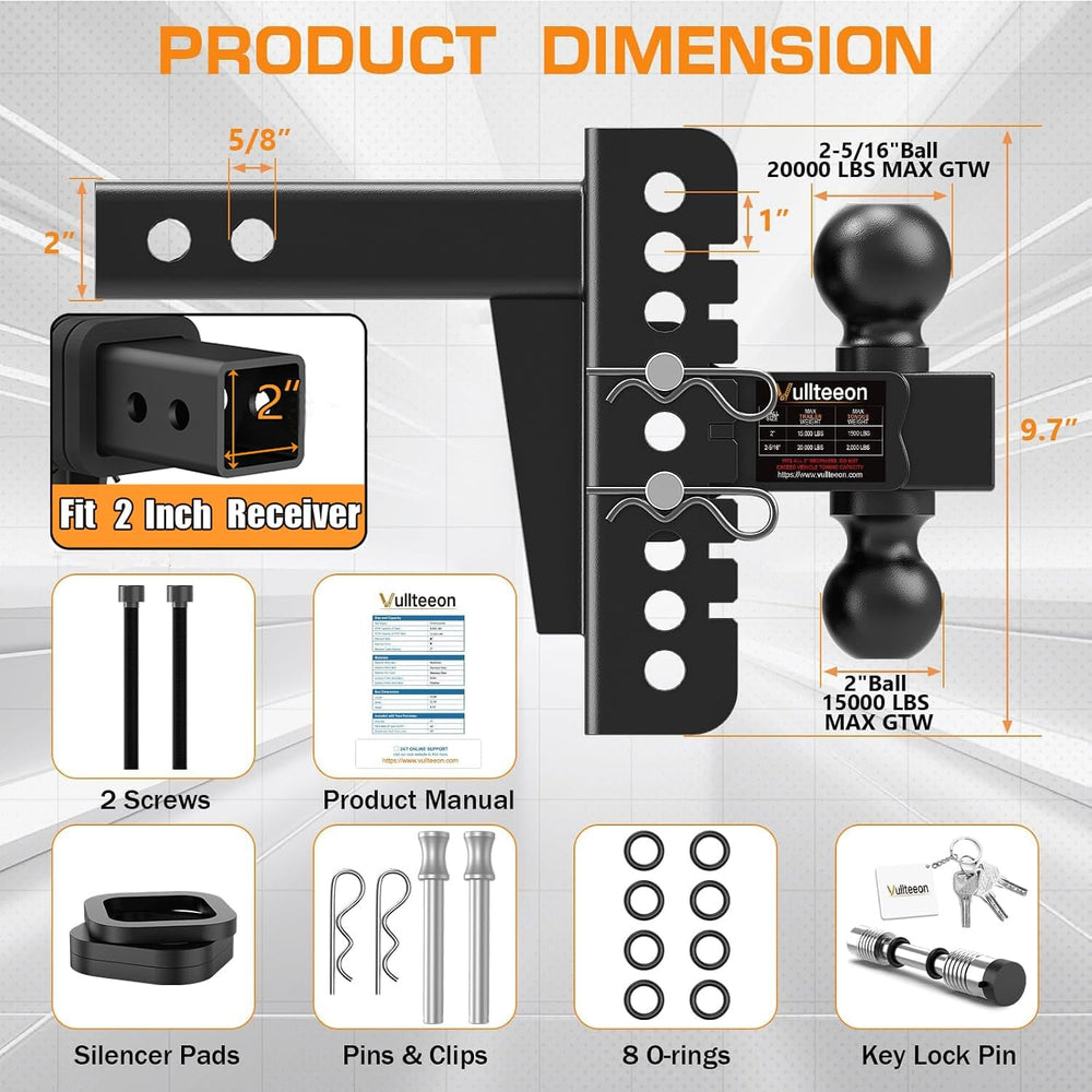 Adjustable Trailer Hitch for 2 Inch Receiver - 6 In Rise/Drop