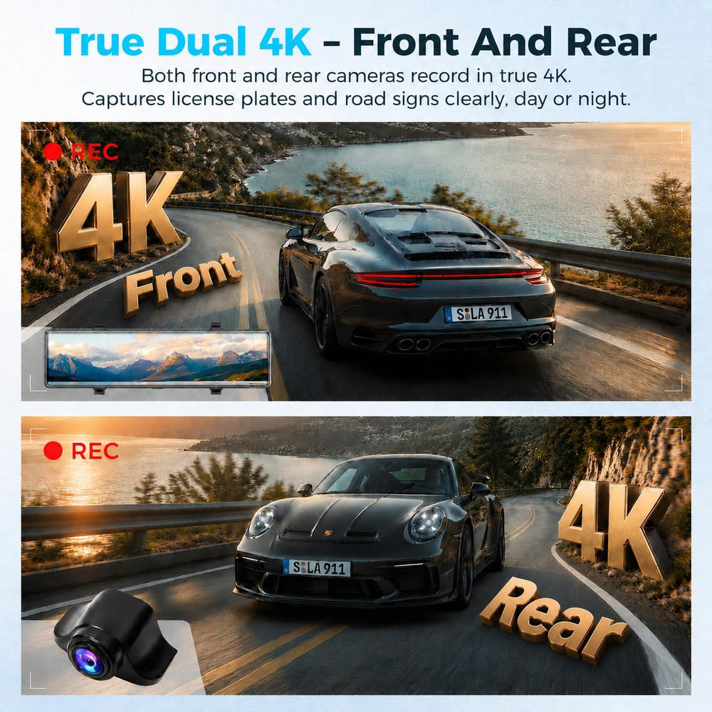 12 Inch Mirror Dash Cam, 4K Front 4K Rear Voice Control with WiFi and GPS