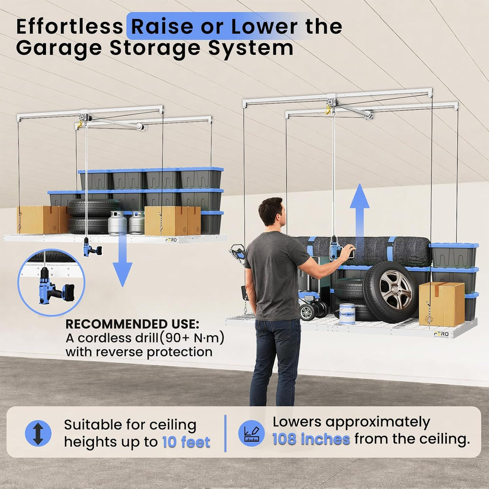 FERO 4x8 Ft Garage Ceiling Storage Rack, 500 lb Capacity with Safety Lock