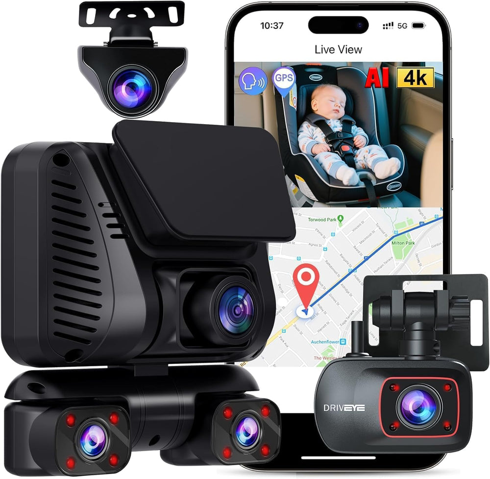 4K Dash Cam,5 Channel 360° View,AI Adas System,Free 128G Card,GPS