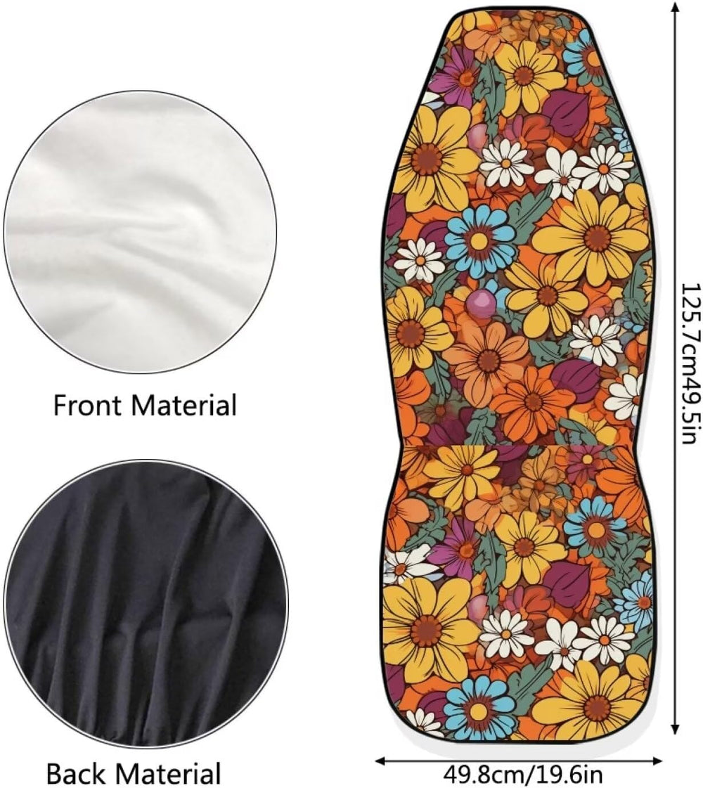 Hippie Flower Orange 2 Pcs Car Seat Covers Front Seats Only Elastic Cushion P...