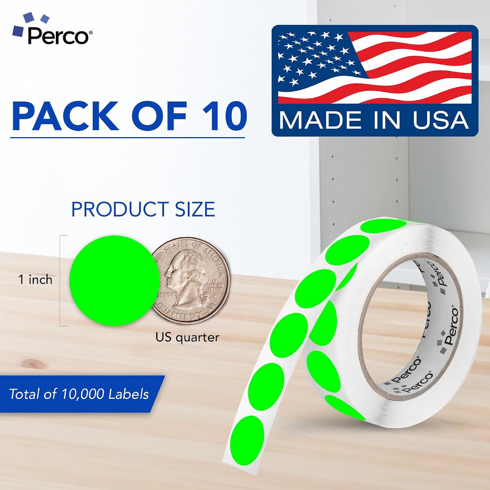Perco Neon Green Perforated Round Circle Dot Sticker 1-Inch Labels โ 10 Rolls...