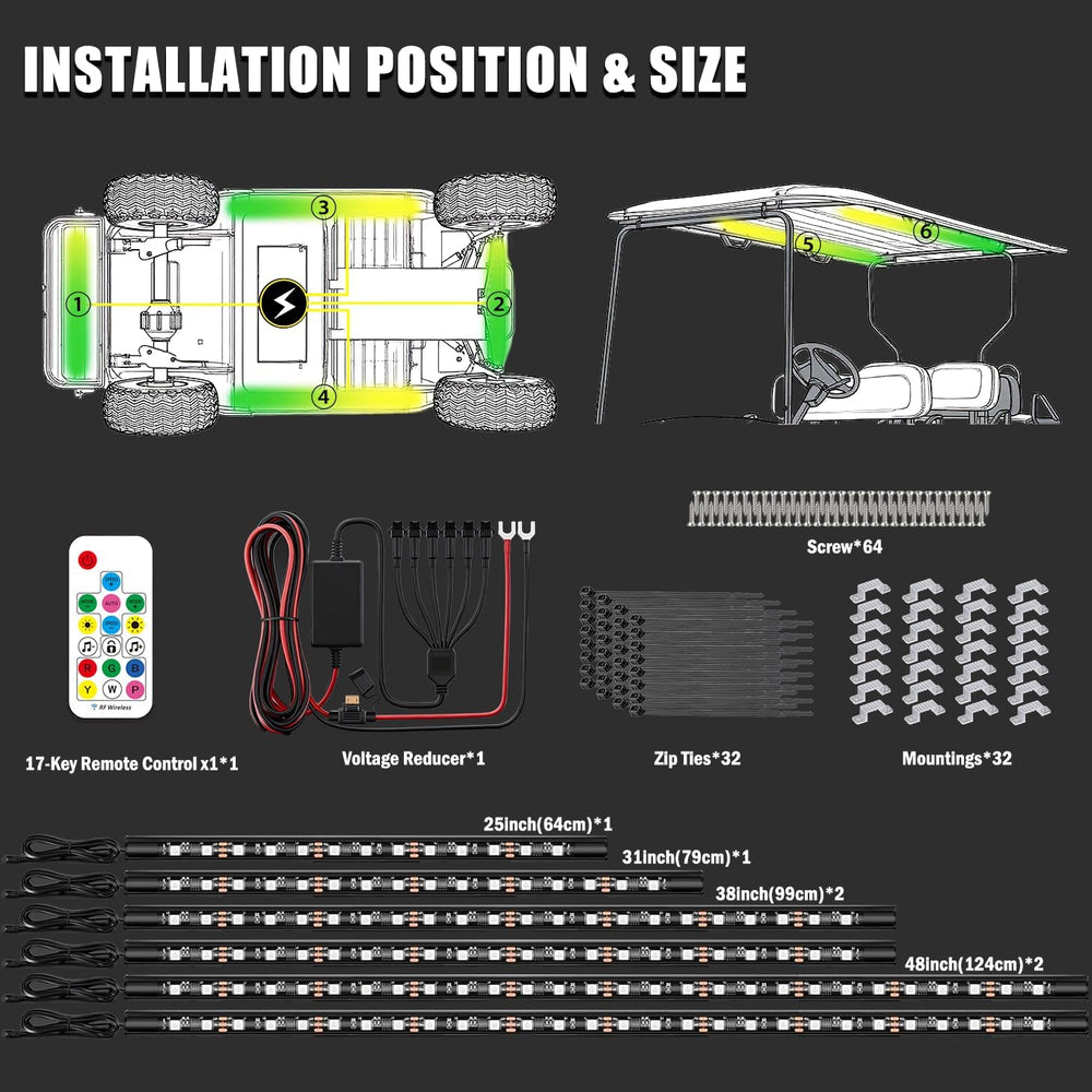6PCS Golf Cart Underglow LED Light Kit with Built-in 12V-80V Reducer & Ca...