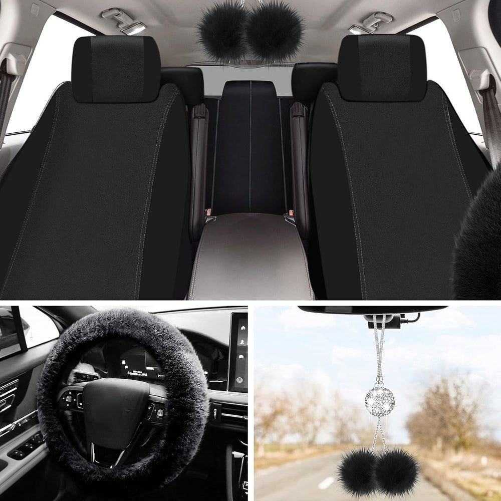 17 Pcs Car Seat Cover Full Set for Women Fluffy Fuzzy, Black
