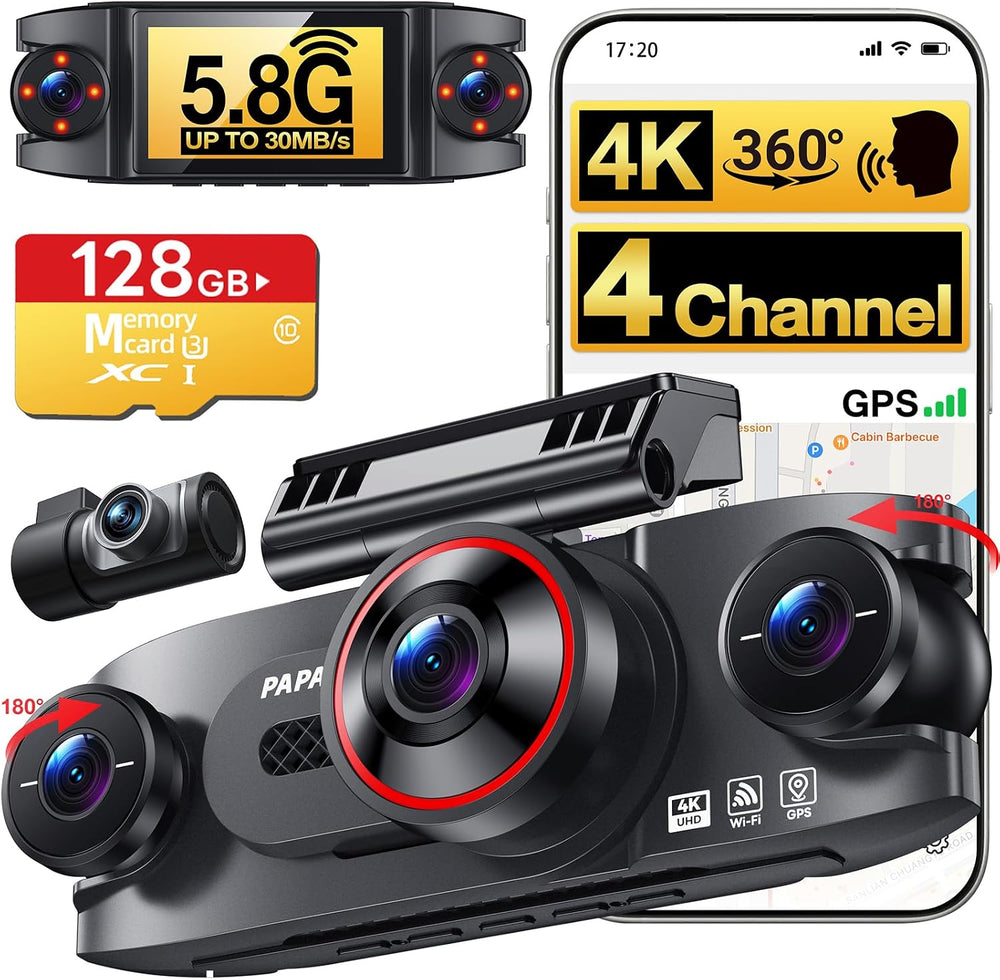 4 Channel 360ยฐ Dash Cam, 4K Front + 1080P Rear/Left/Right, 5GHz WiFi 30MB/s