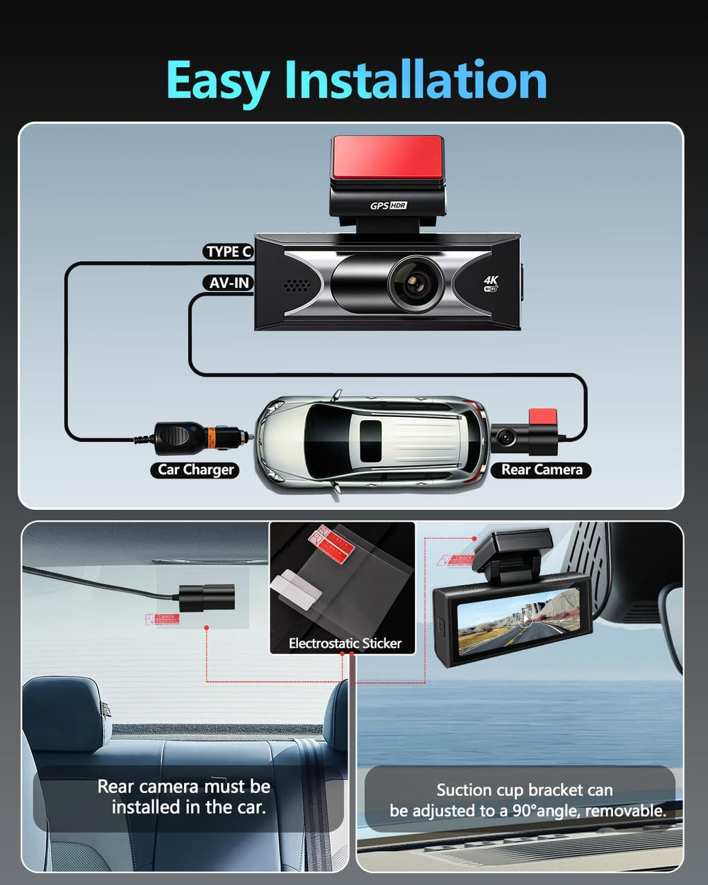 4K+4K Dash Cam Front and Rear, Starlight Night Vision, ADAS, 64G Card