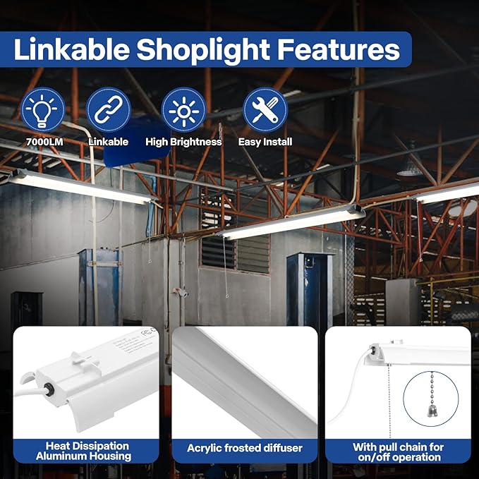4-Pack 4ft Linkable Led Shop Light, Plug in Garage Lighting