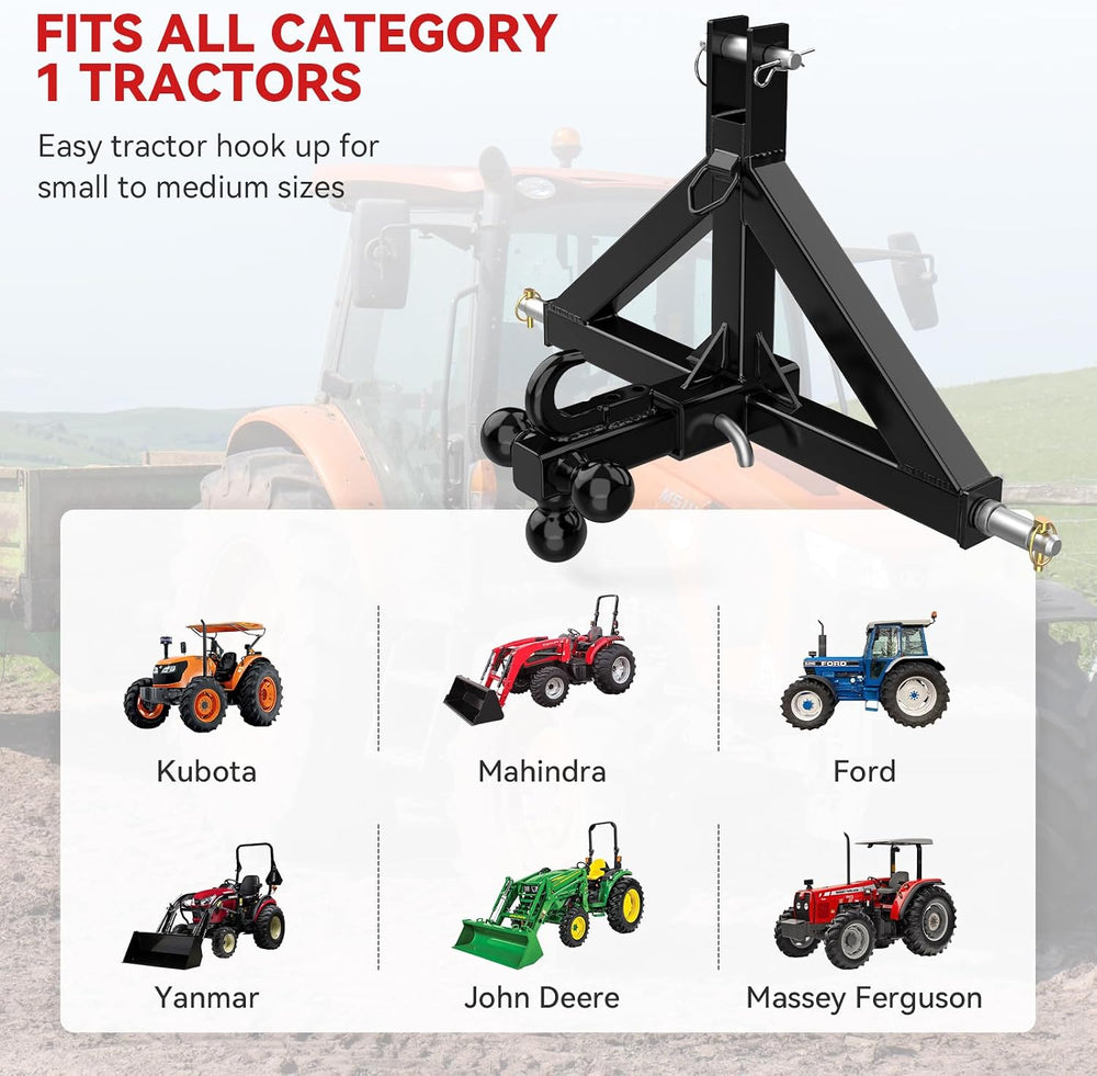3 Point Trailer Hitch 2โ Receiver for Category 1 Tractor Quick Hitch, Black
