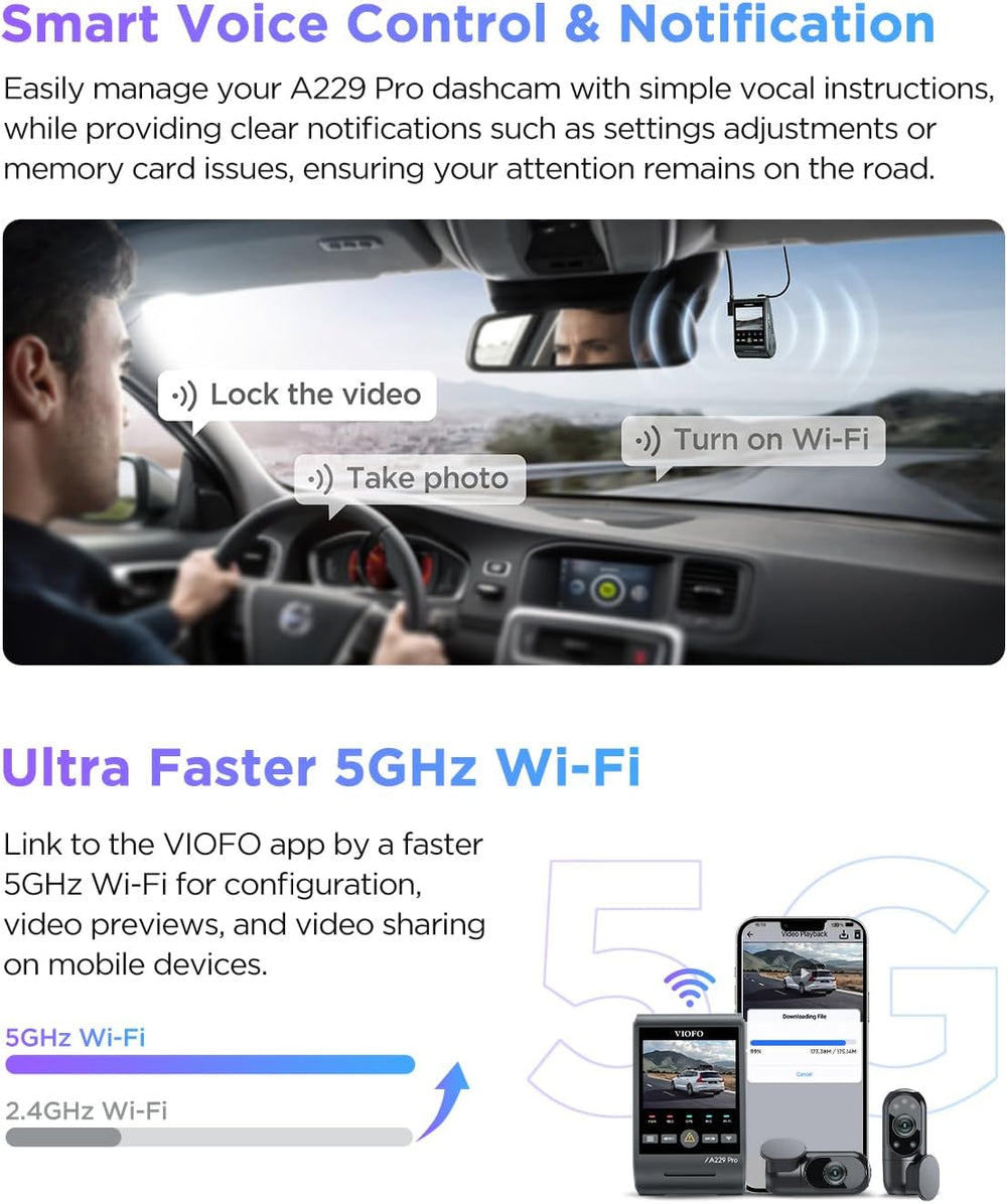 VIOFO A229 Pro 4K 3CH Dash Cam HDR for Front & Rear & Inside with STA...