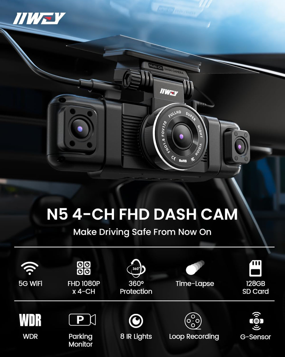 IIWEY N5 4 Channel Dash Cam for Cars, 360ยฐ View 2K Front 1080P Rear Inside
