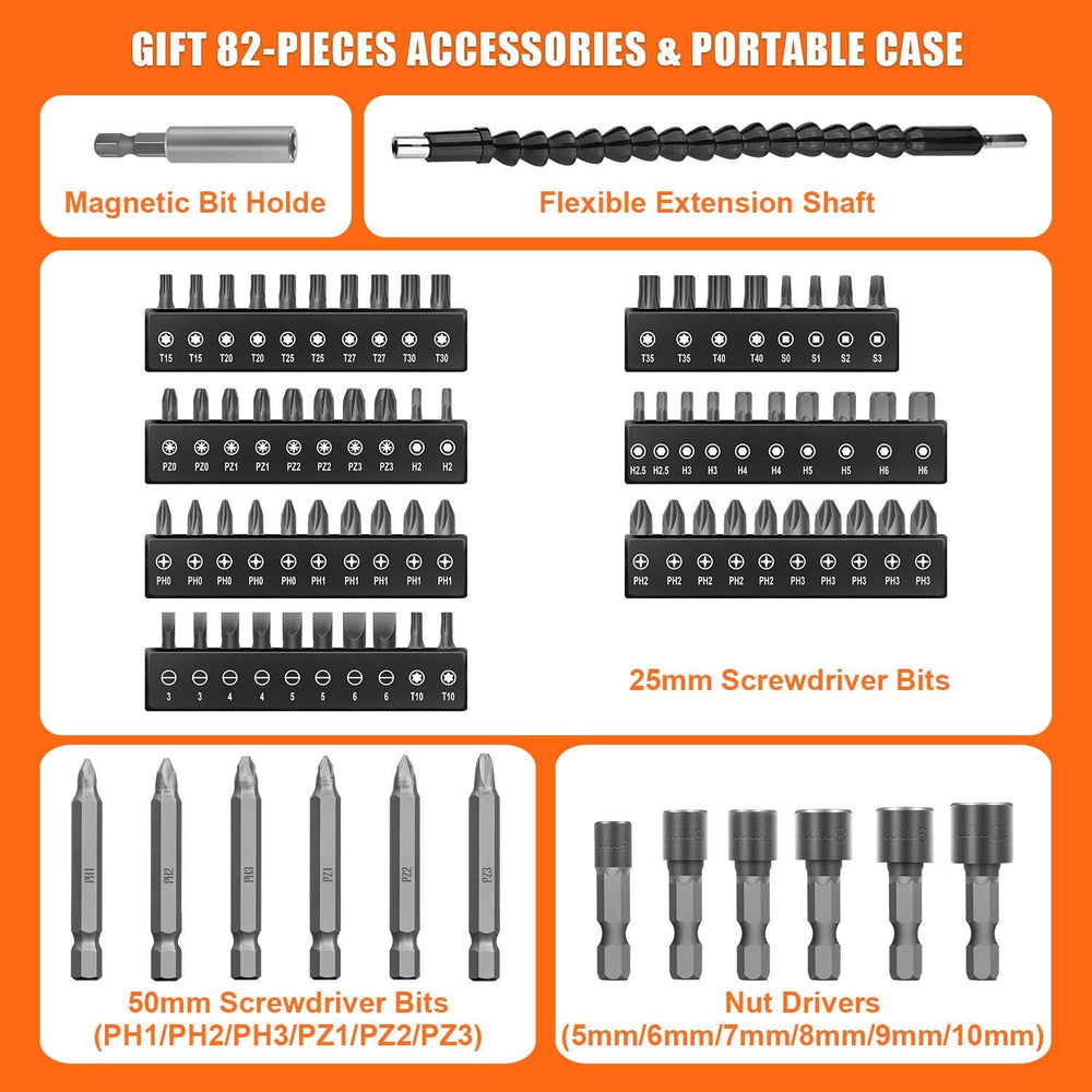 ENERTWIST 8V Cordless Screwdriver, 82 Accessory Kit, Max 10Nm 21+1 Cluth
