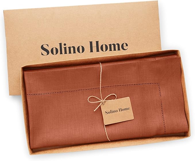 Solino Home Linen Cinnamon Tablecloth 52 x 52 Inch - 100% Pure Linen Square T...