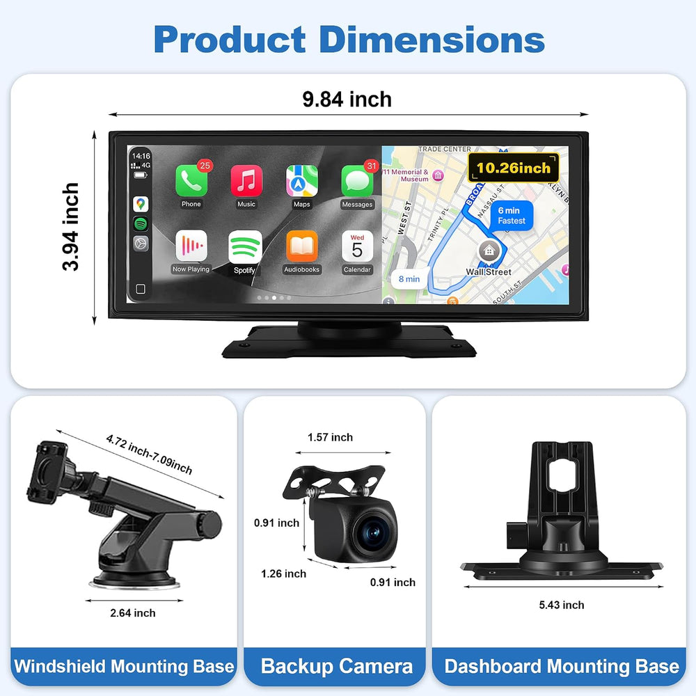 10.26'' Wireless CarPlay Screen for Car with 4K Dash Cam & 1080P ...