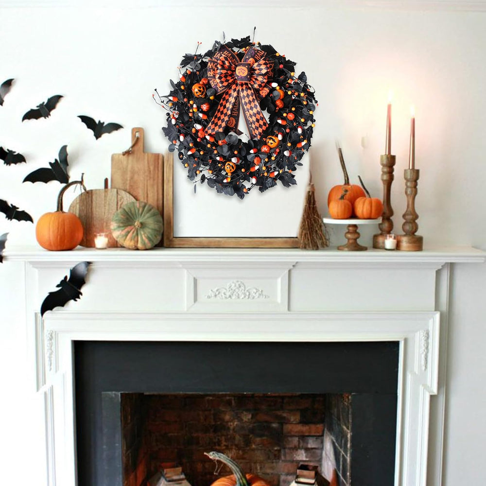 22inch Black Halloween Wreaths for Front Door Bow Decorative
