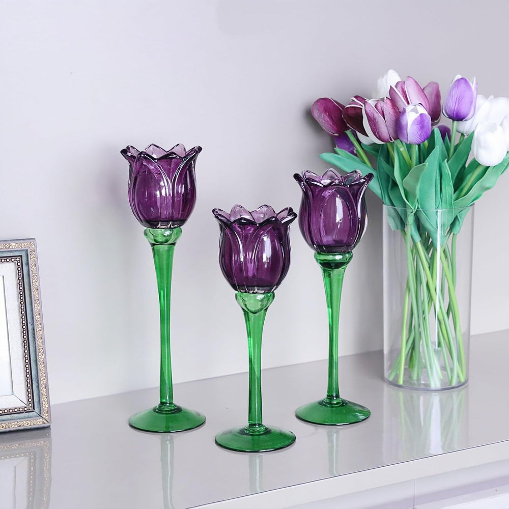 VOHO Purple Tulip Tealight Candle Holder Set of 3, Halloween Candle Holder