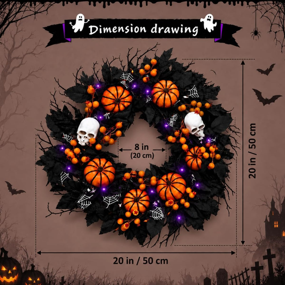 20" Halloween Wreath for Front Door, Black Gothic Spooky Outdoor Dรฉcor