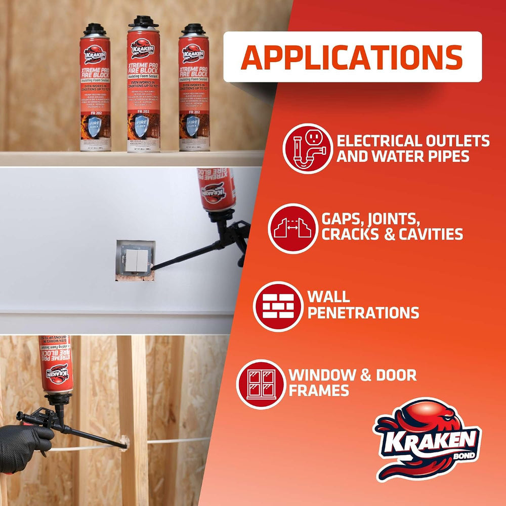 Kraken Bond Xtreme Pro Fire Block Expanding Foam Sealant (12x24oz), Professio...