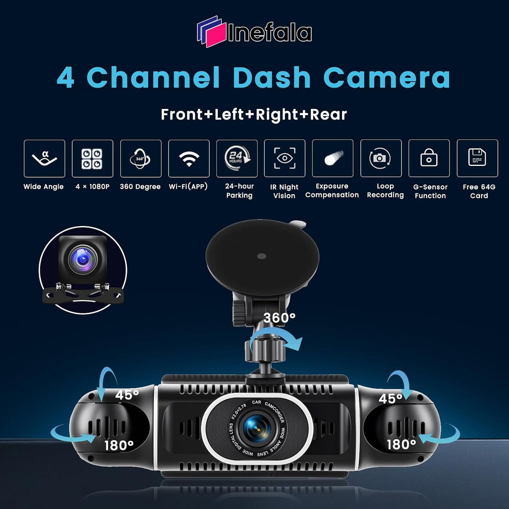 4 Channel Dash Cam 360° Front Rear Inside Left Right with WiFi APP Control