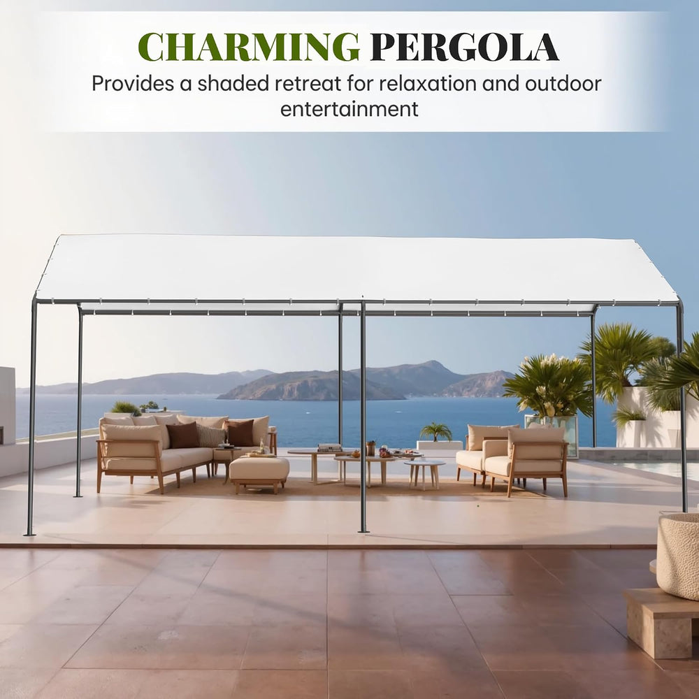 Carport, 10‘ x 20’ Garage Car Canopy w/Water-Resistant Top Cover, White