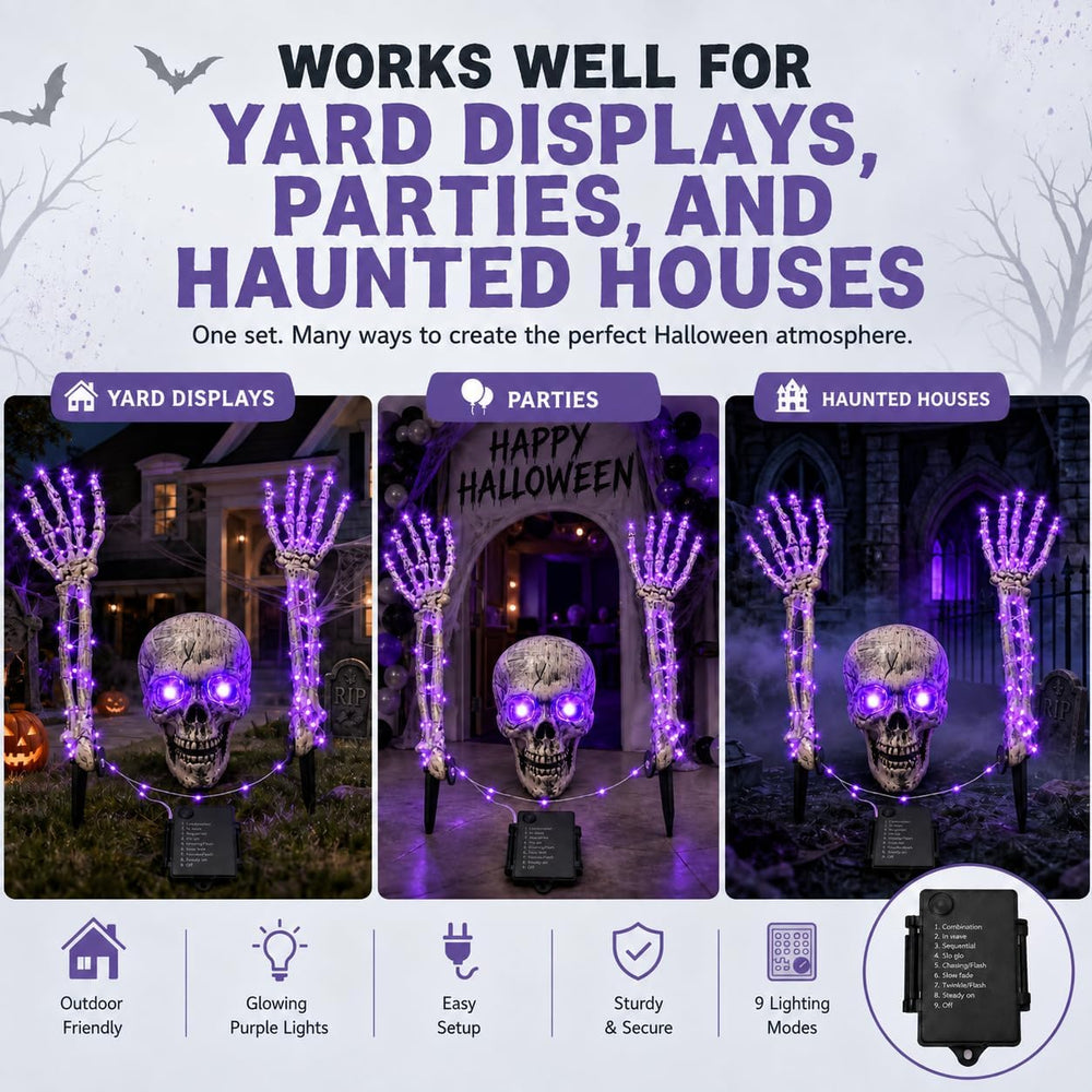 Halloween Decoration Outdoor, 3-Piece Purple LED Skeleton Stake Set