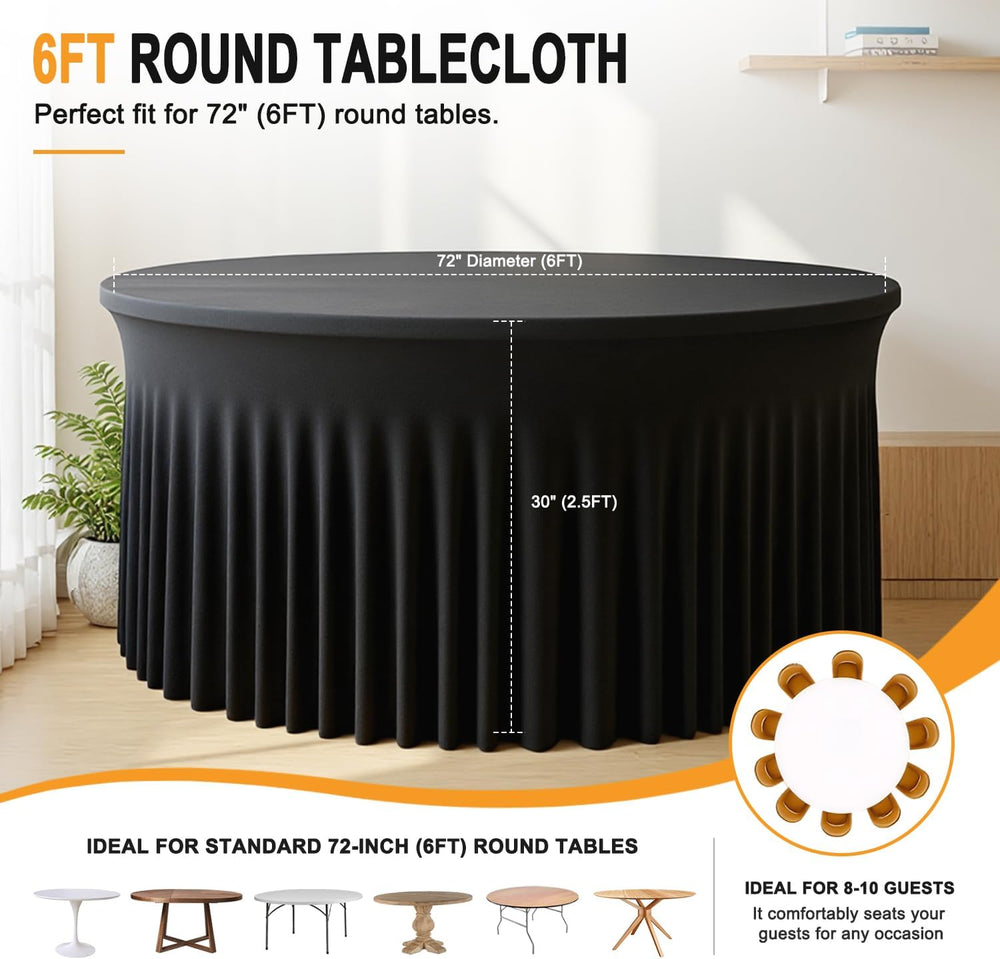 4 Pack 132 Inch Black Round Tablecloth, Fitted Tablecloths for 6FT Round Tabl...