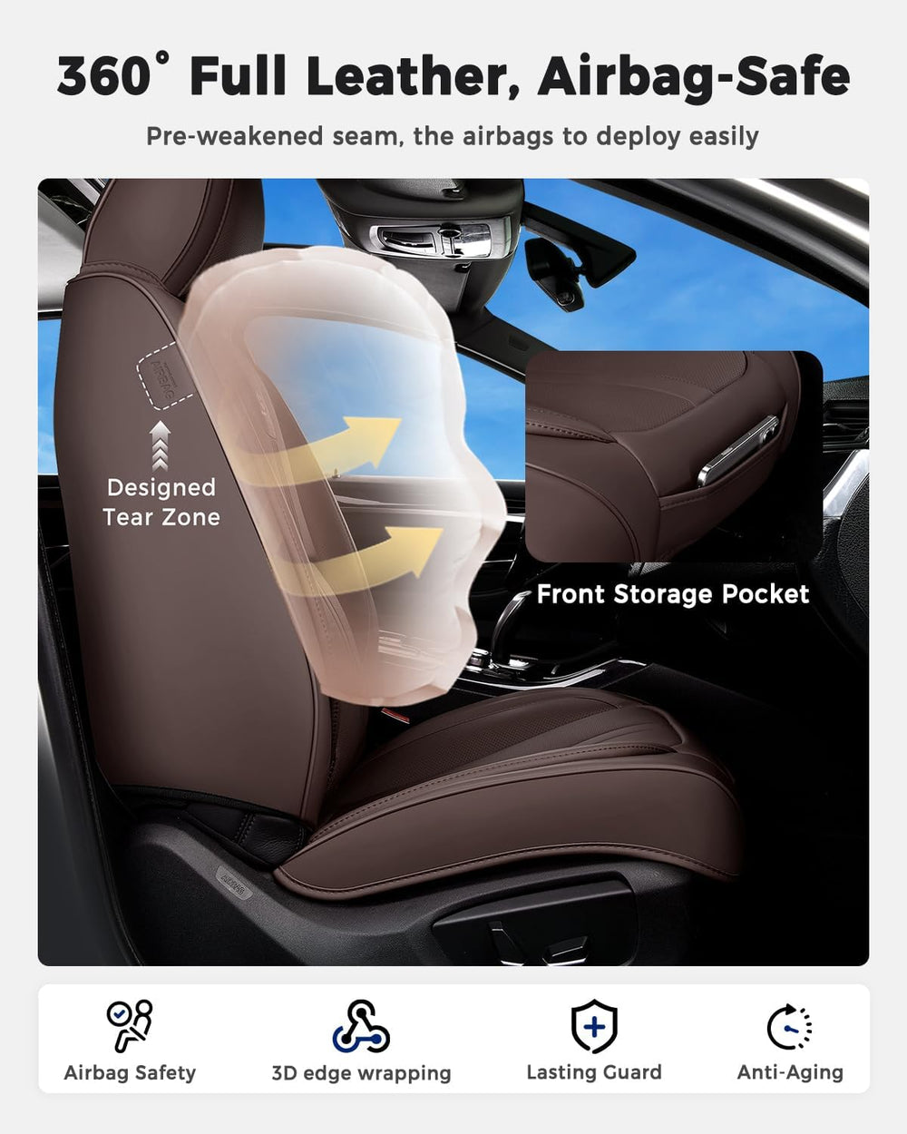 Huidasource Coffee Seat Covers Luxury Nappa Leather, Car Seat Cover with Velc...
