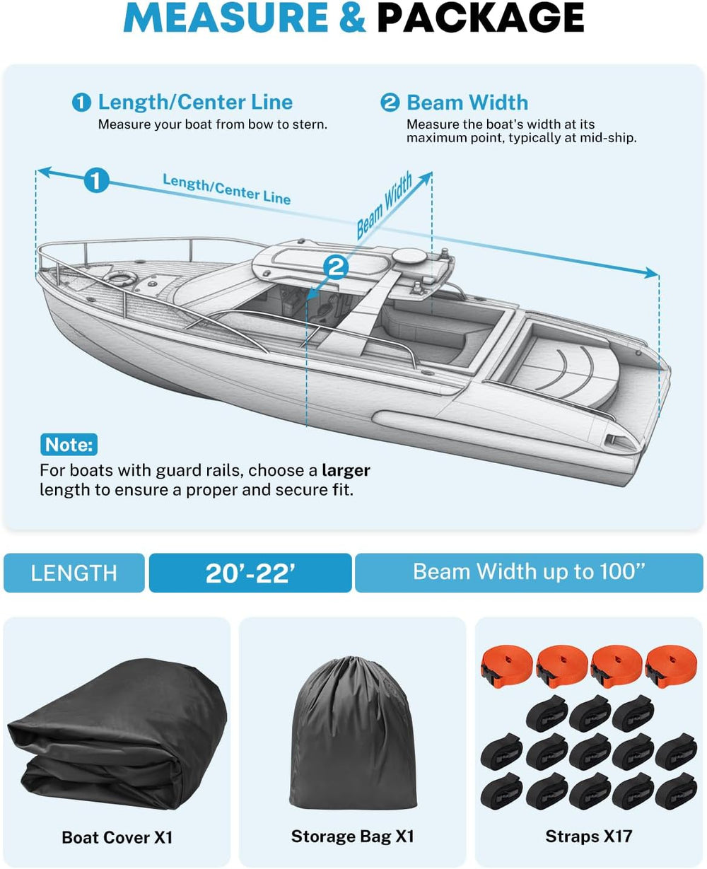 Kohree 1200D Waterproof Boat Cover 20-22ft, up to 100" Wide