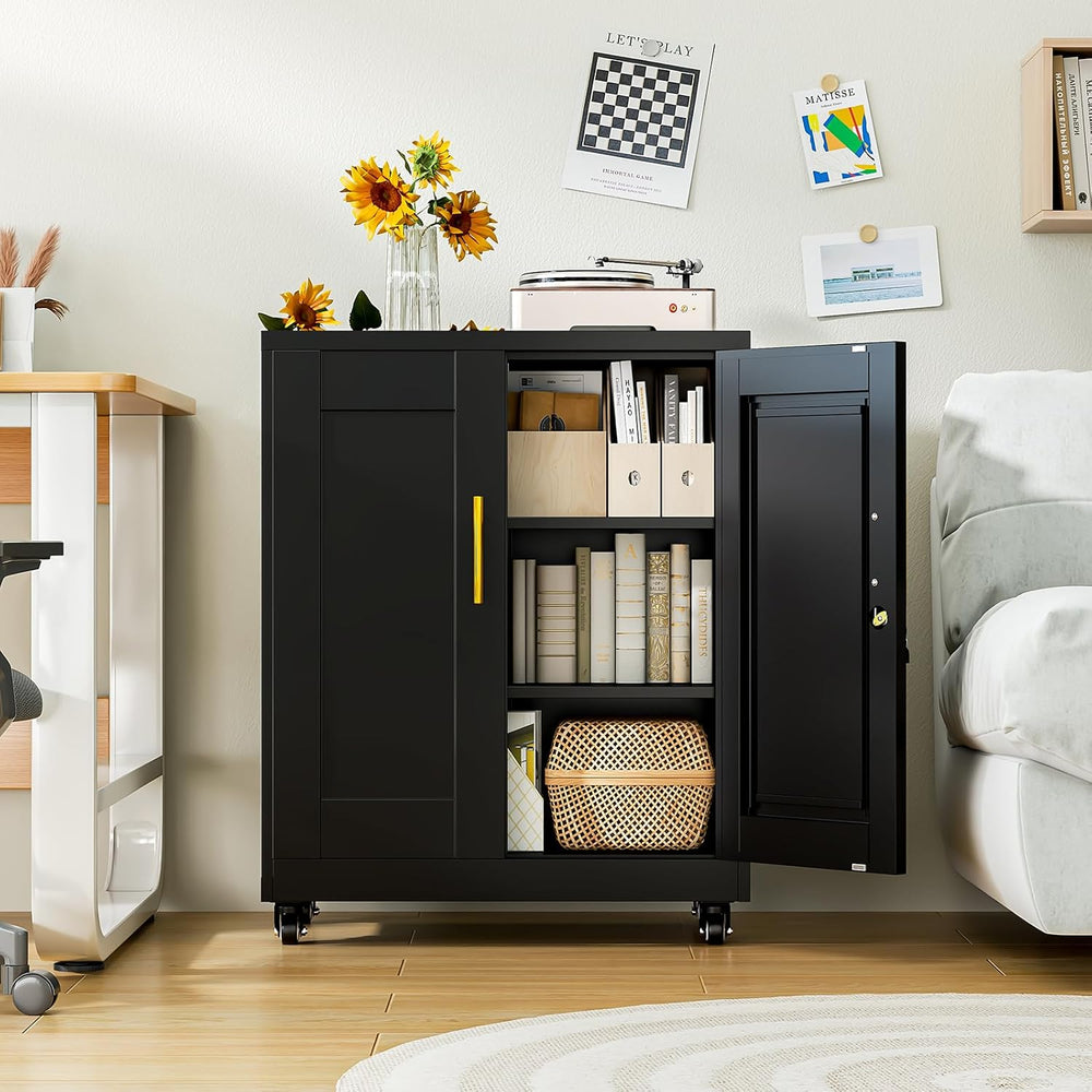 Metal Storage Cabinet with Wheels, 36" Tall Locking Storage Black