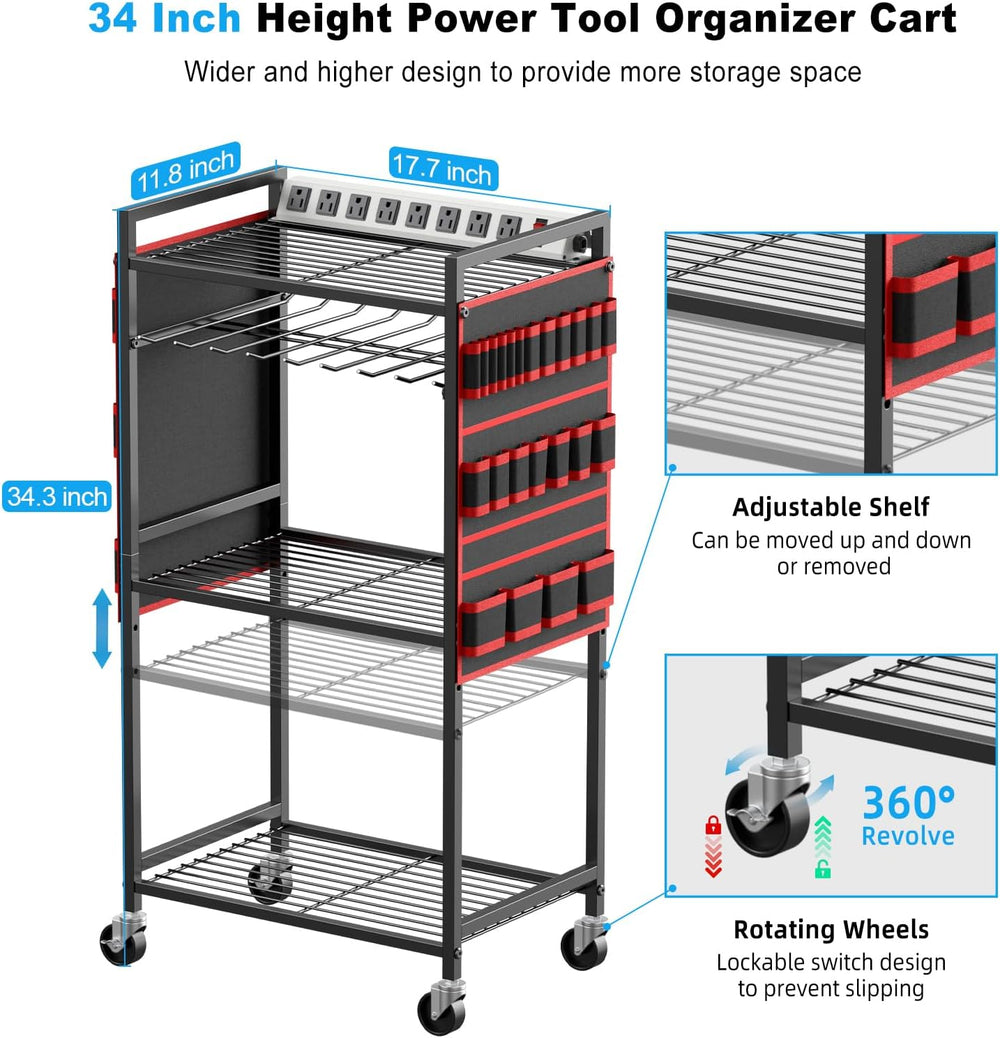Power Tool Organizer Cart with Charging Station, 6 FT Cord, Red
