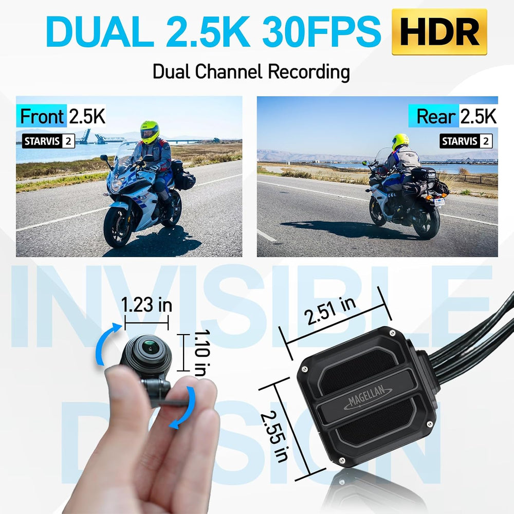 Magellan Motorcycle Dash Cam 2.5K Front and Rear, HDR, GPS, WiFi, IP67
