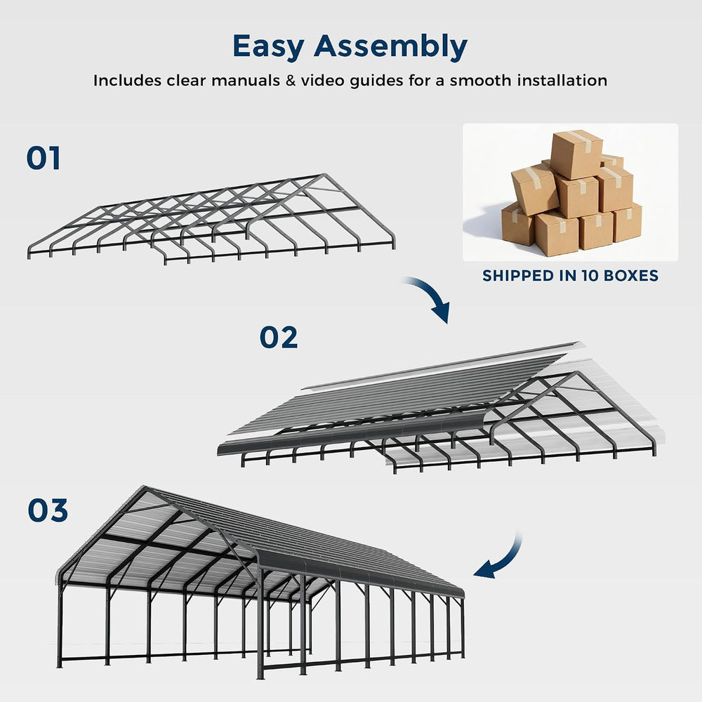 20x40FT Extra Large Heavy Duty Metal Carport 132ยฐ Steep Anti-Pooling Roof