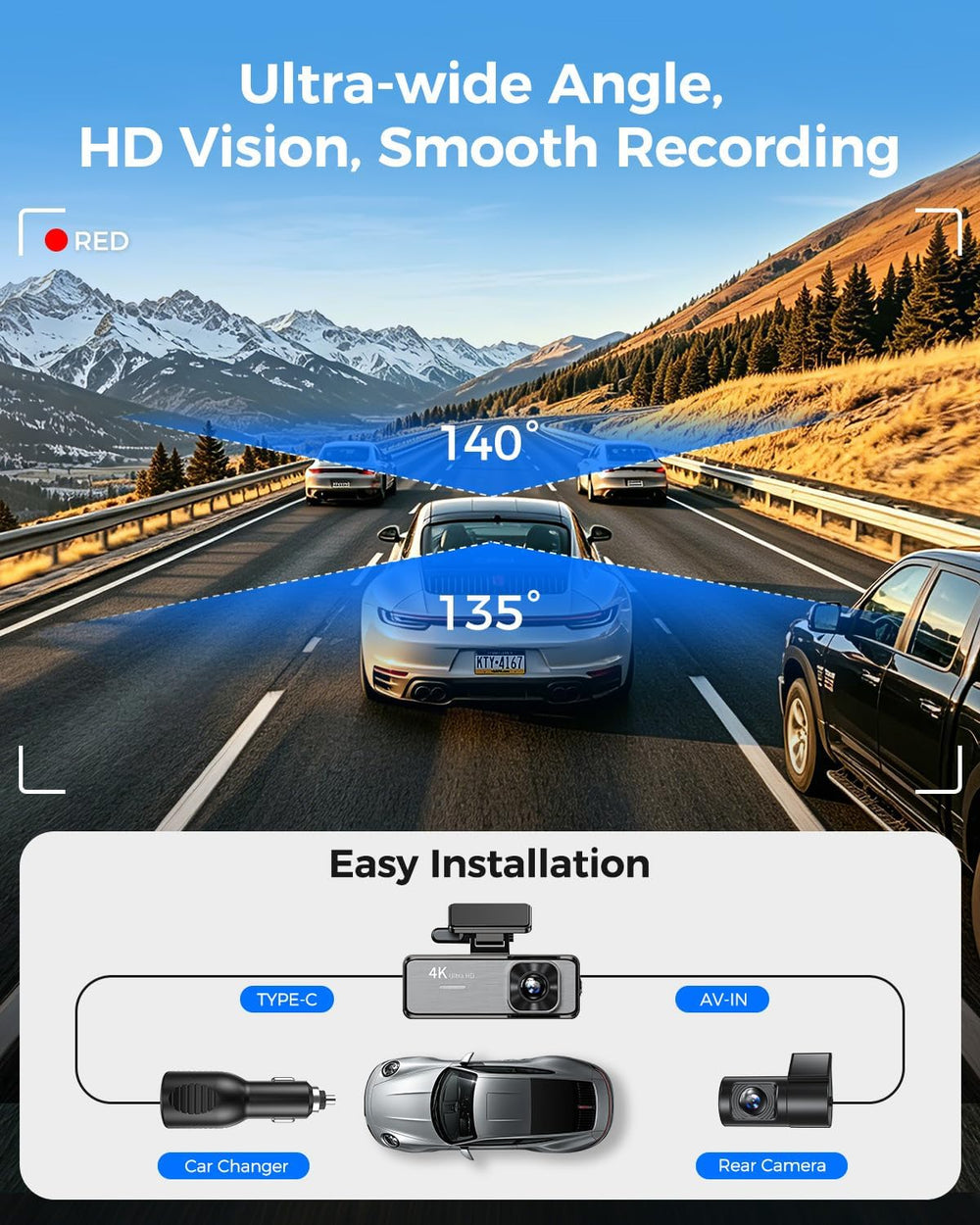 4K Dash Cam Front and Rear,4K+1080P Dual Dash Camera for Cars, 2.4G WiFi, 2” ...