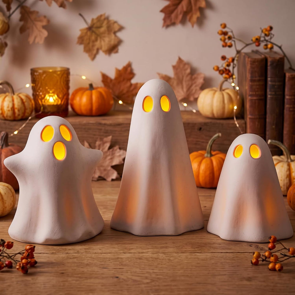 LemonRoad 3 Pcs Halloween Terracotta Ghost Decor Indoor Tealight Holder