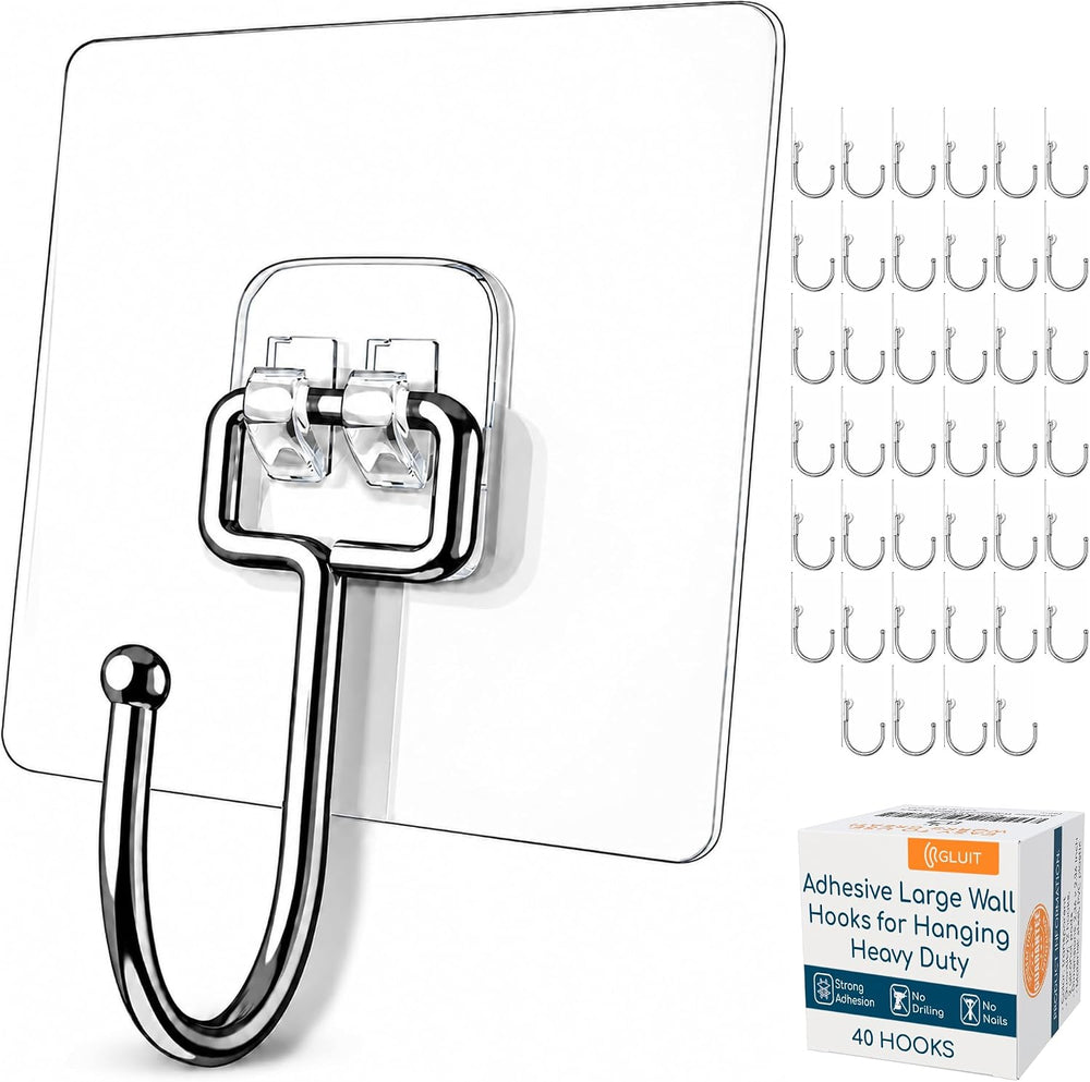 Adhesive Large Wall Hooks for Hanging Heavy Duty No Drill, 22 lbs, 40 pcs