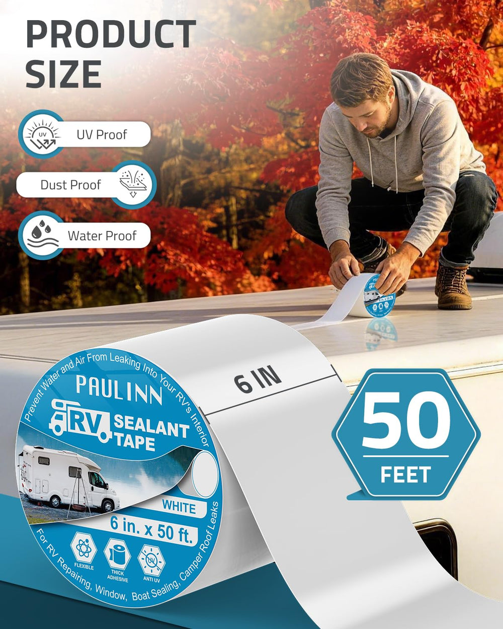 PAULINN RV Roof Sealant Tape, 6 Inch X 50 Foot Natural White Roofing Repair T...