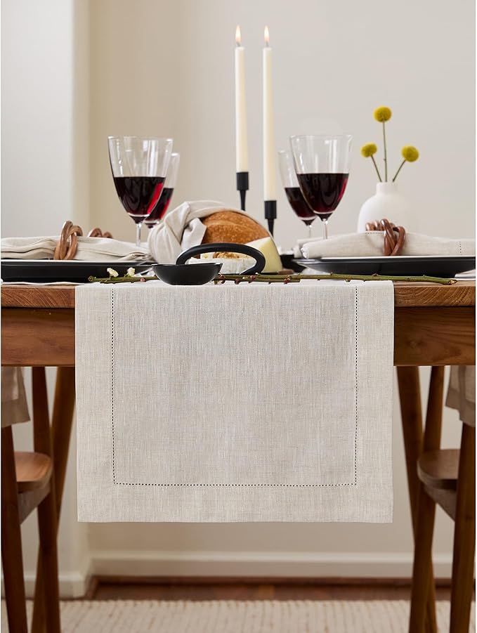 Solino Home Linen Light Natural Table Runner 36 Inches - Classic Hemstitch, 1...