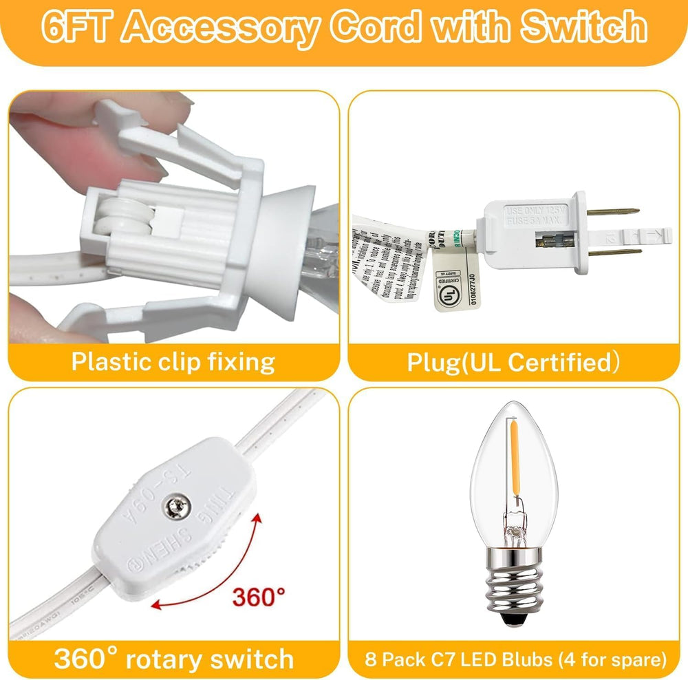 8 Set 6Ft White Lamp Cord with Switch + 16Pcs C7 LED Bulbs, 0.6W Energy Effic...