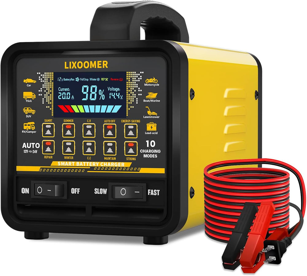 Upgraded 12V/24V 0-20A Car Battery Charger Heavy Duty, Smart Trickle Charger ...