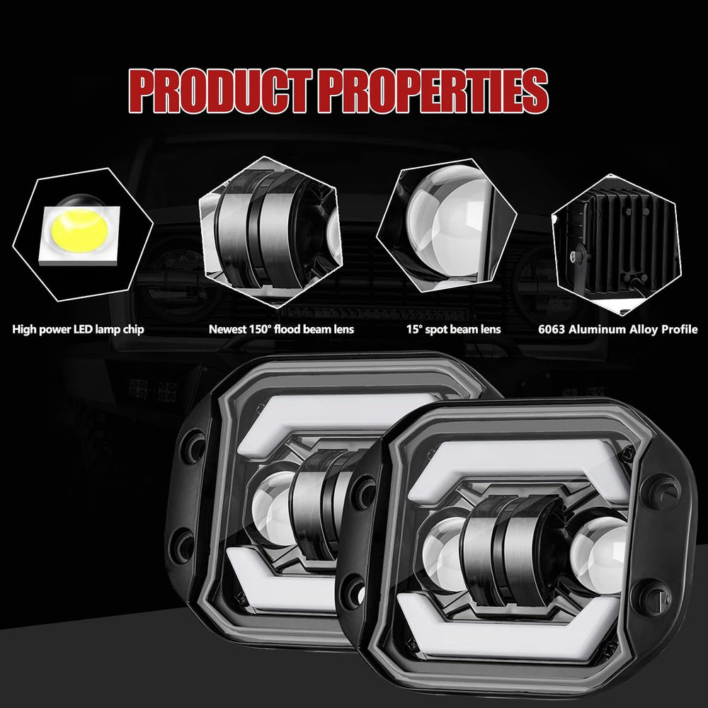 Flush Mount LED Pods with DRL, 2pcs 5Inch 80W Driving Lights Spot Flood Combo...