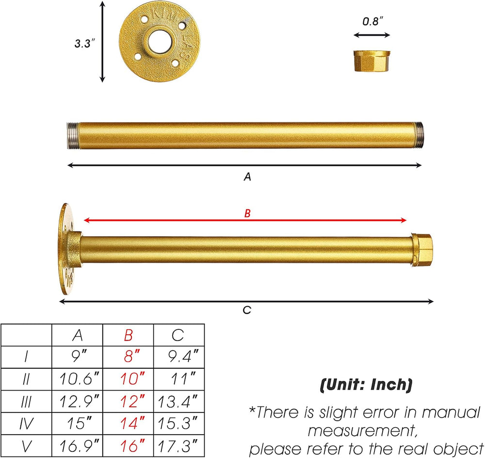 Gold Pipe Shelf Brackets 16 Inch, Industrial Metal Wall Brackets, Set of 4