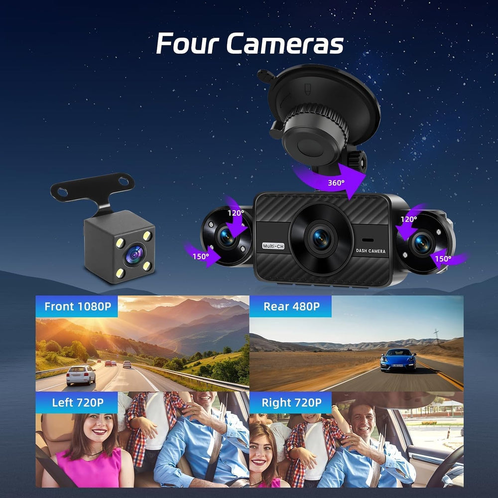 NHOPEEW Dash Cam Front and Rear Inside, 4 Channel Dash Cam 3" IPS Screen...