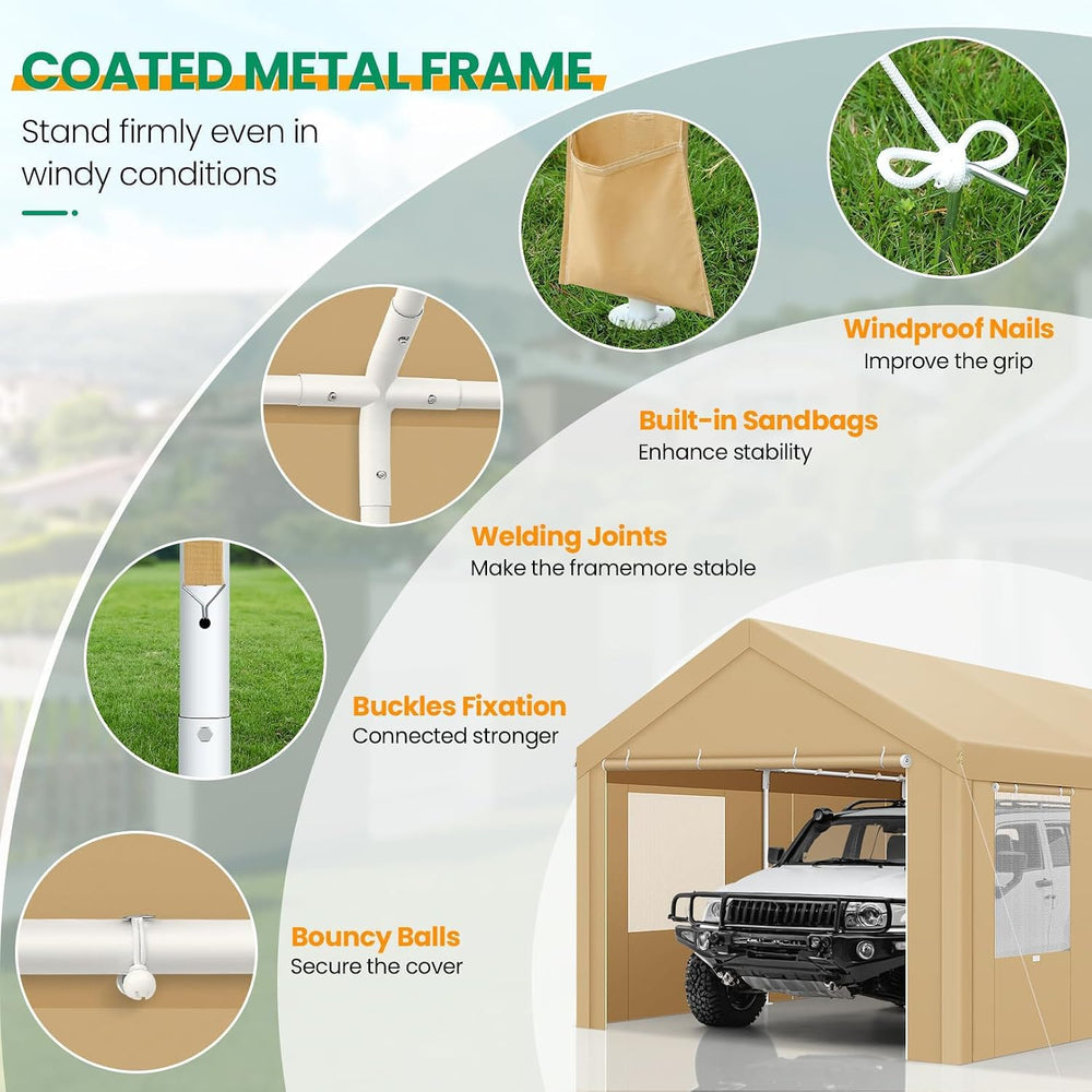 10x20 FT Heavy Duty Carport with Galvanized Frame & Sandbags, Khaki