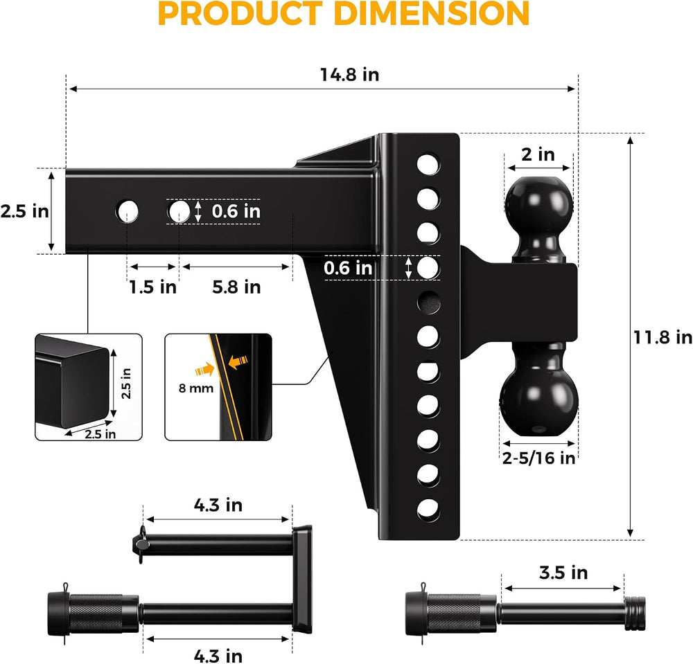 CAMMOO Adjustable Trailer Hitch for 2.5 inch Receiver 8inch Rise/Drop Hitch