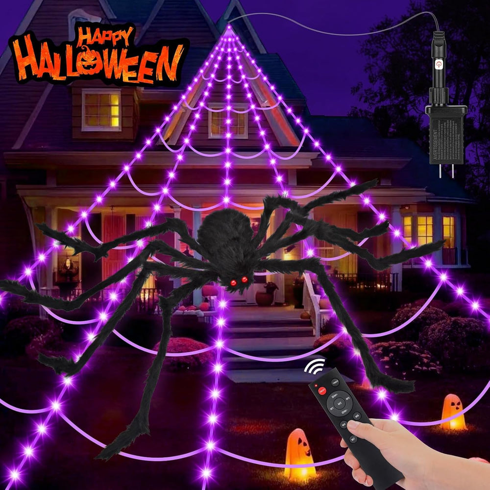 OCATO 200" Halloween Decorations Spider Web Lights Outdoor +59" Fak...