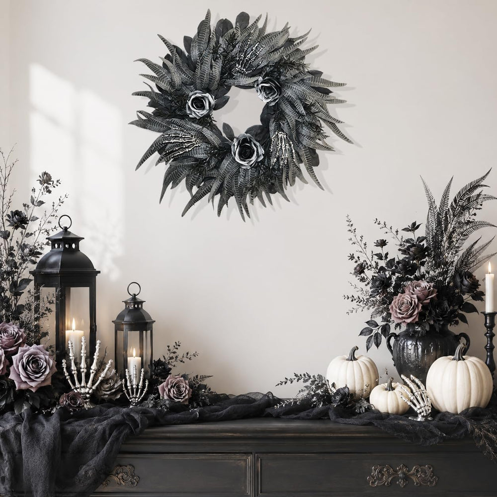 24 Inch Black and Silver Rose Halloween Wreath with 3 Skeleton Hands