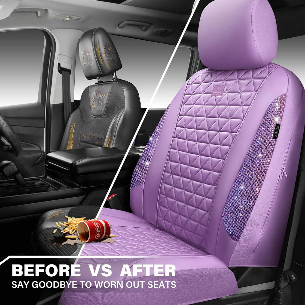 CAR PASS Light Purple Bling Diamond Leather Car Seat Covers Full Sets, Waterp...