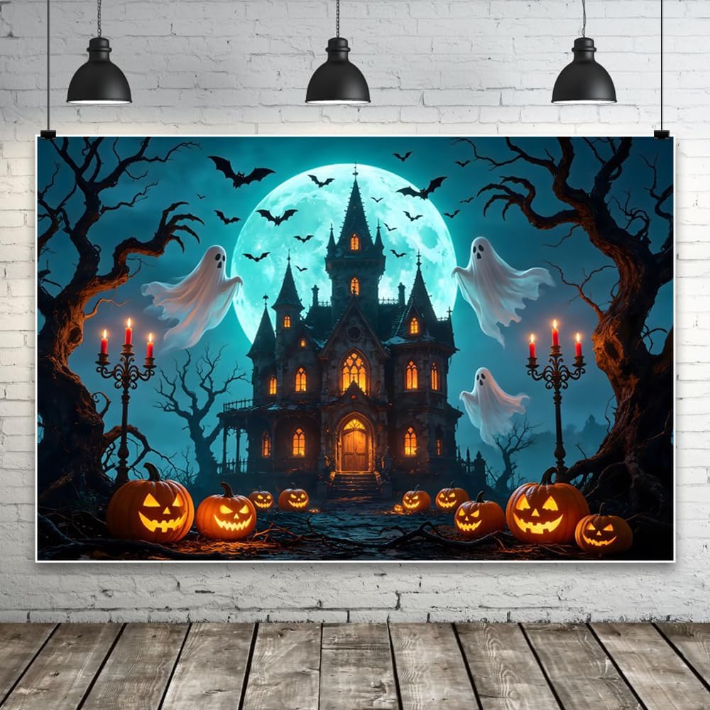 Halloween Backdrop, Spooky Ghost Pumpkin Full Moon Bat Castle Photography Bac...