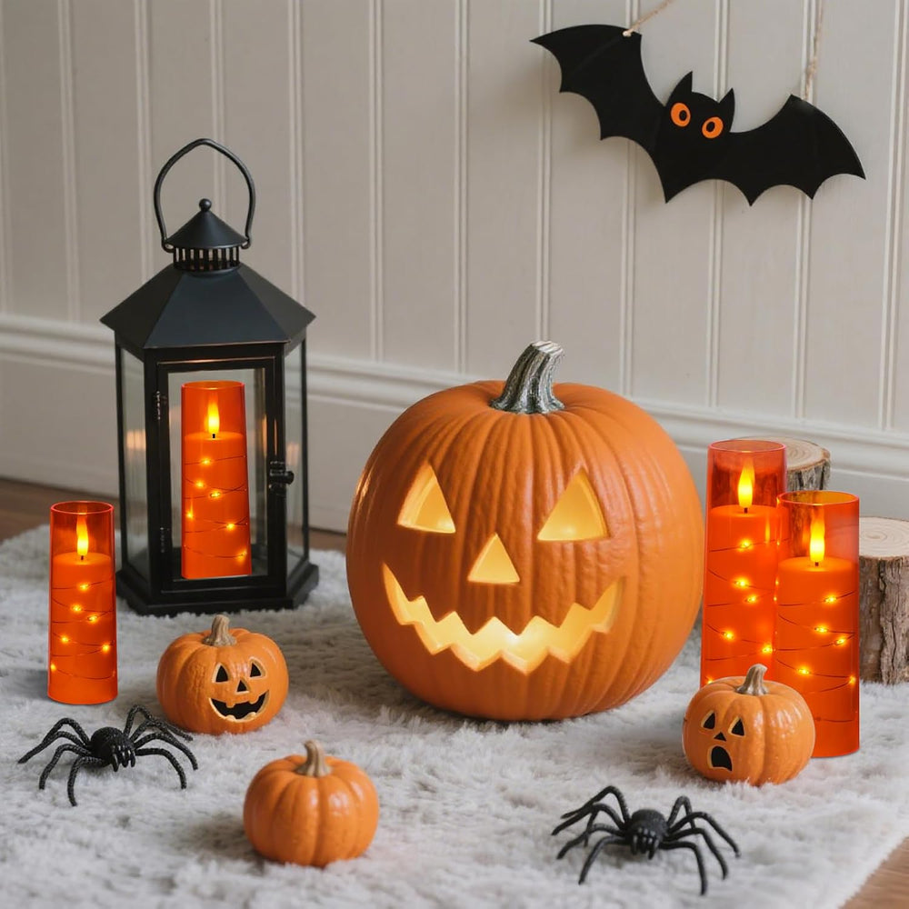 Raycare 9 Pcs Orange Halloween Flameless Pillar Candles with Remote Timer
